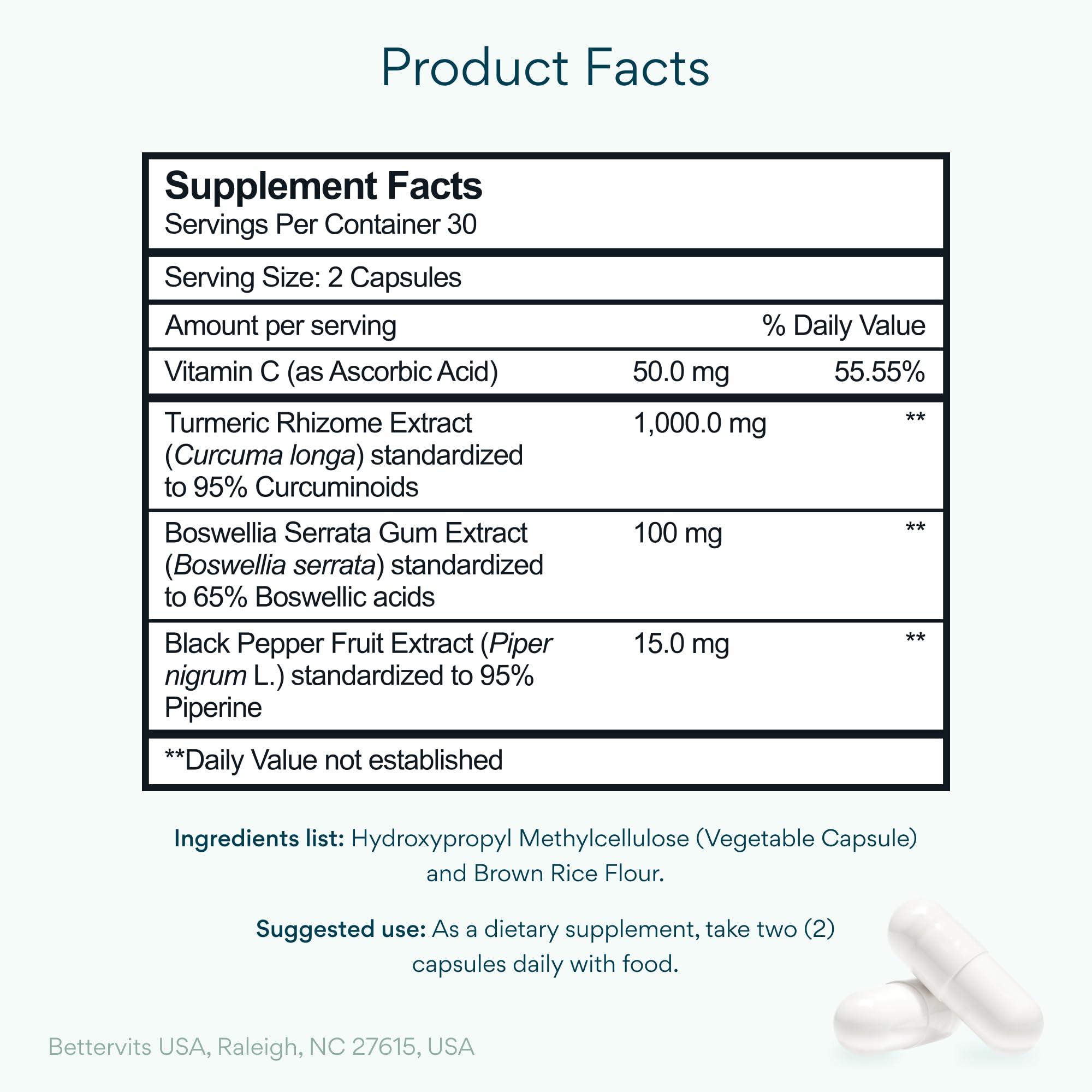 Bettervits turmeric bottle label showing 1000mg with pepper