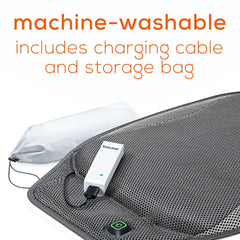 Beurer cushion on outdoor patio chair demonstrates cordless warmth outdoors