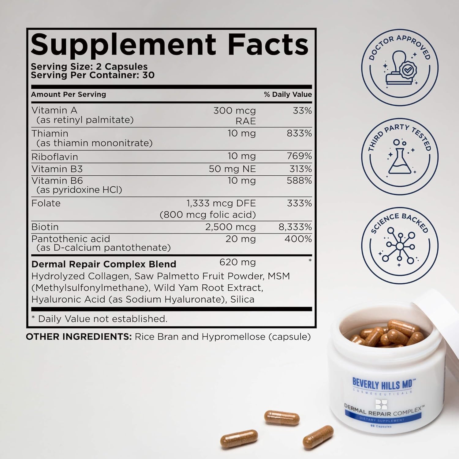 Beverly Hills MD Dermal Repair vitamin blend highlights A and B nutrients