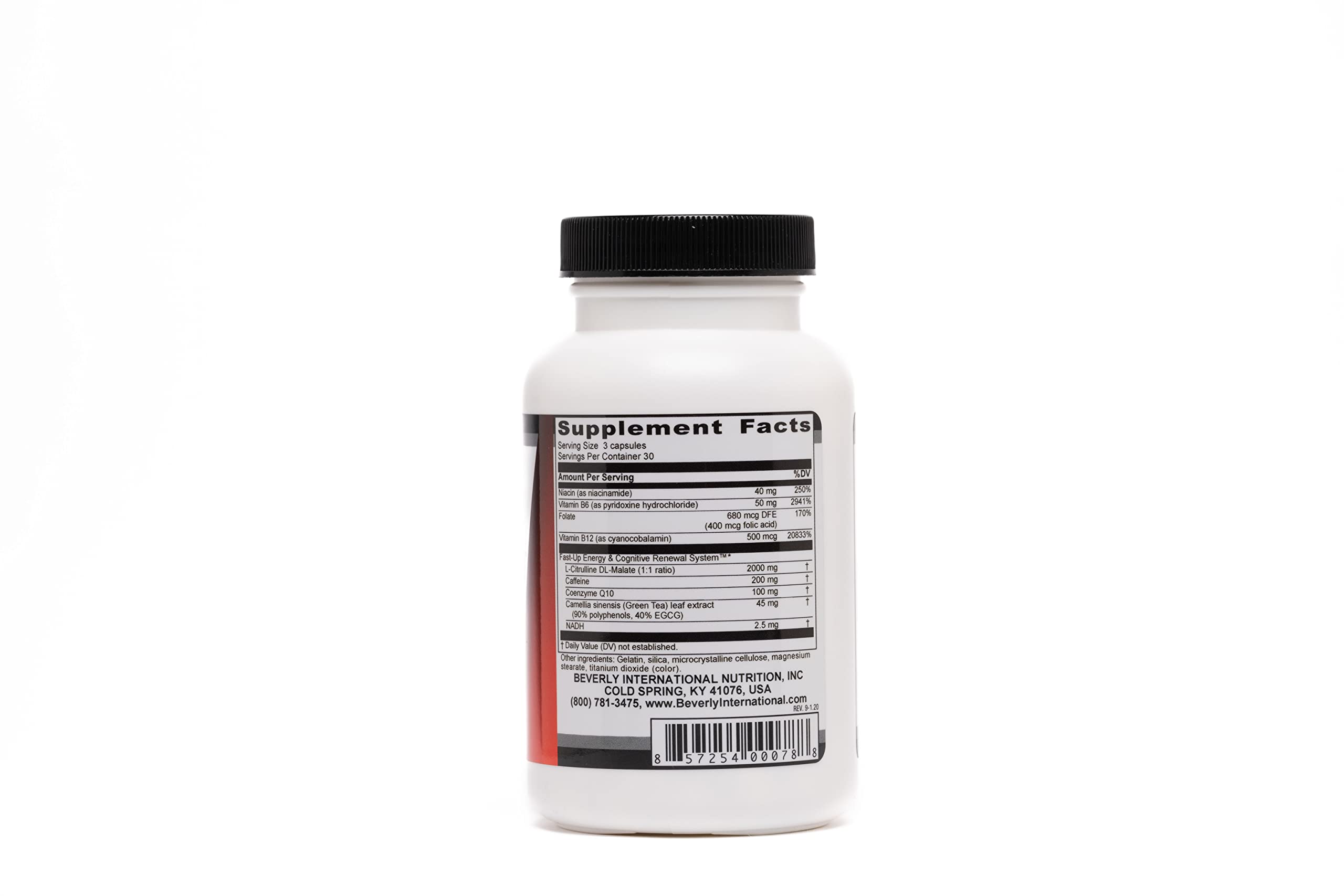 Beverly International Fast-Up capsules on display for convenient pre-workout energy.