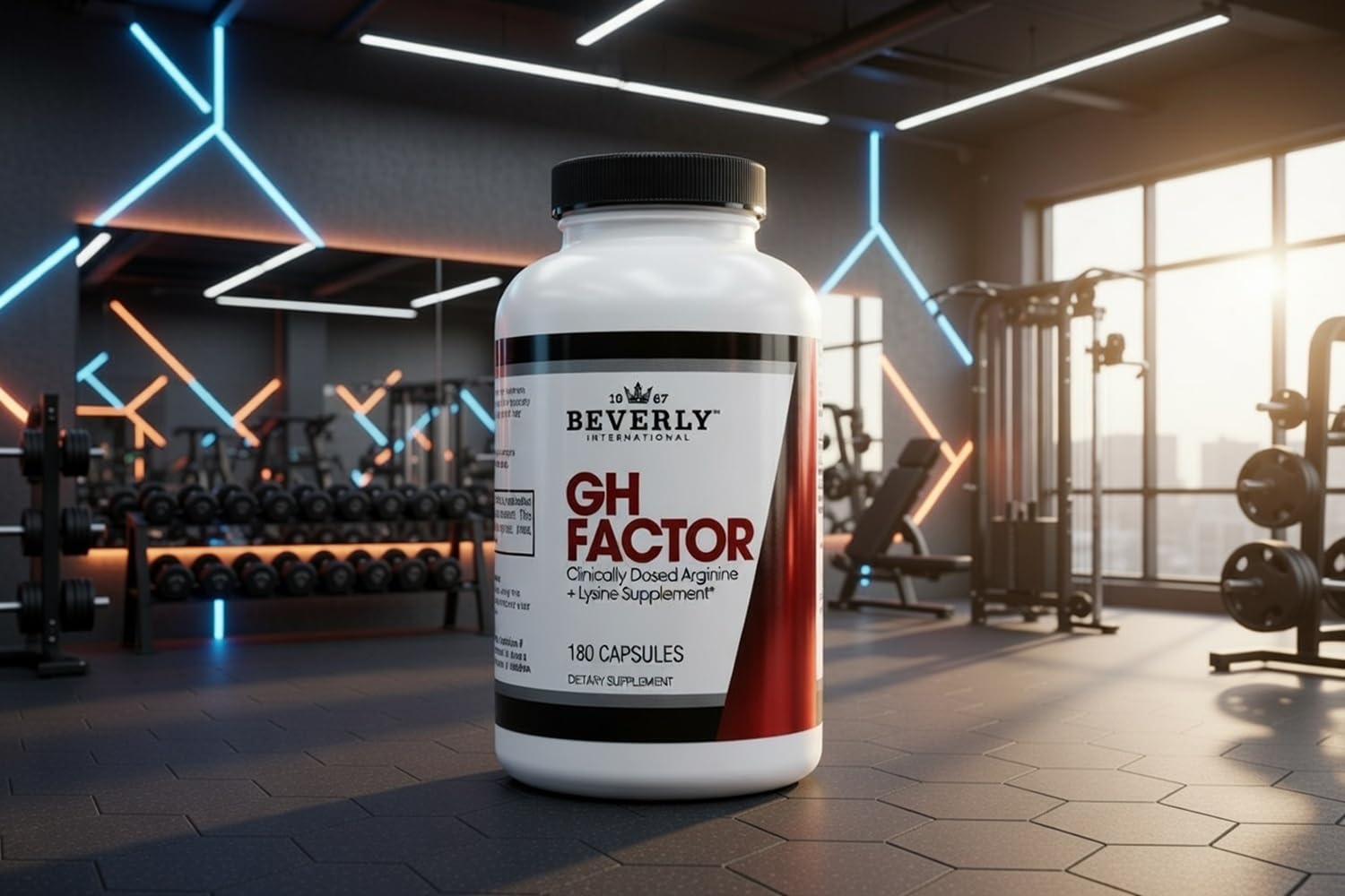 Nighttime scene with the GH Factor bottle suggesting PM growth promoter use