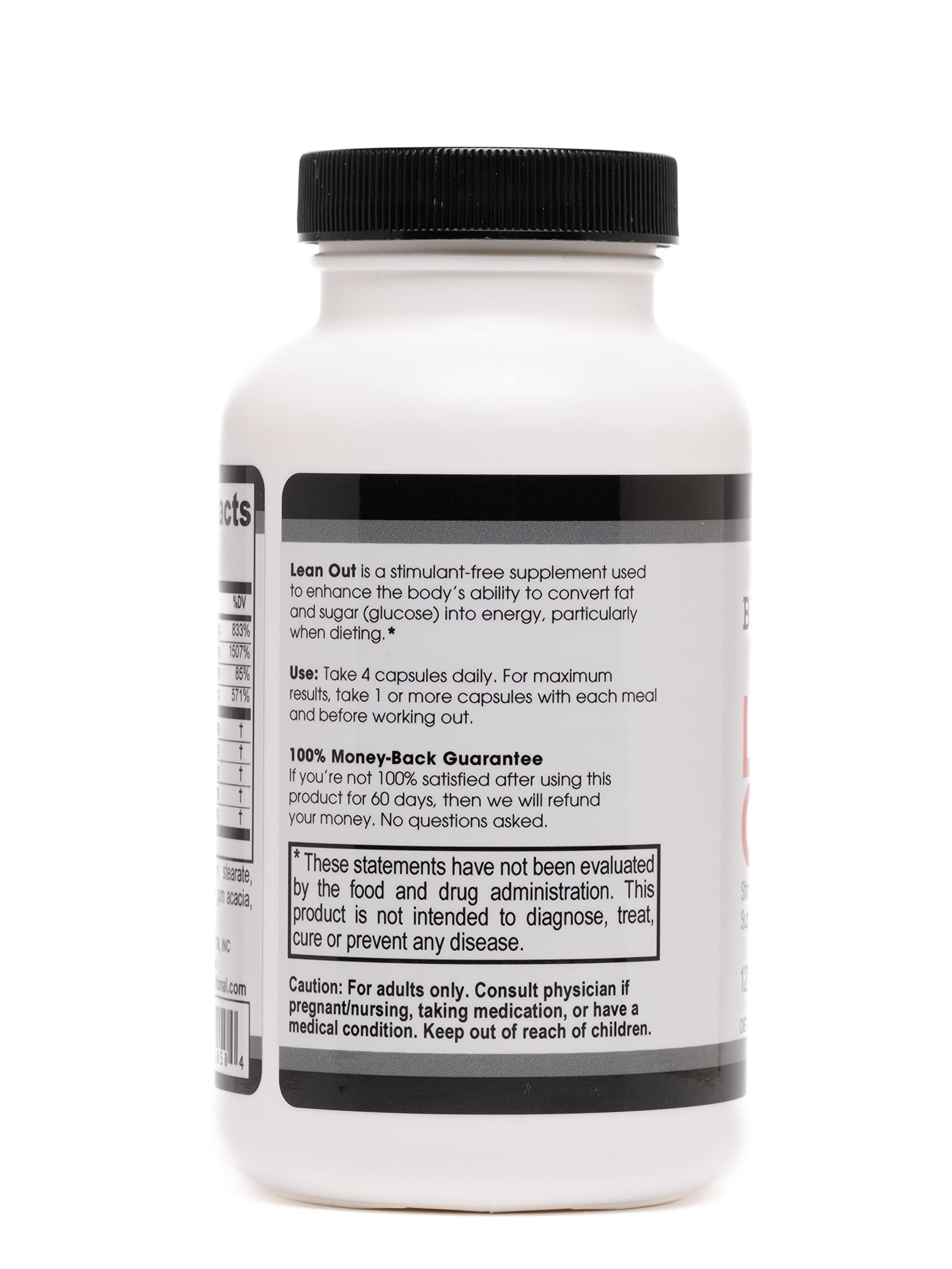 Lean Out label view emphasizing metabolism-boosting ingredients and non-stimulant formulation