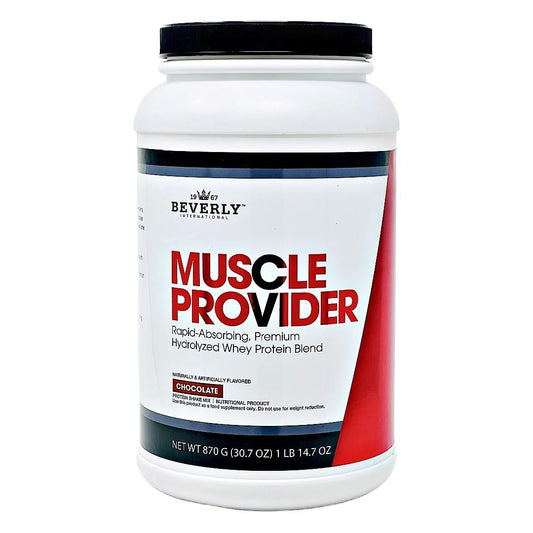 Beverly International Muscle Provider chocolate label: premium protein for lean gains.