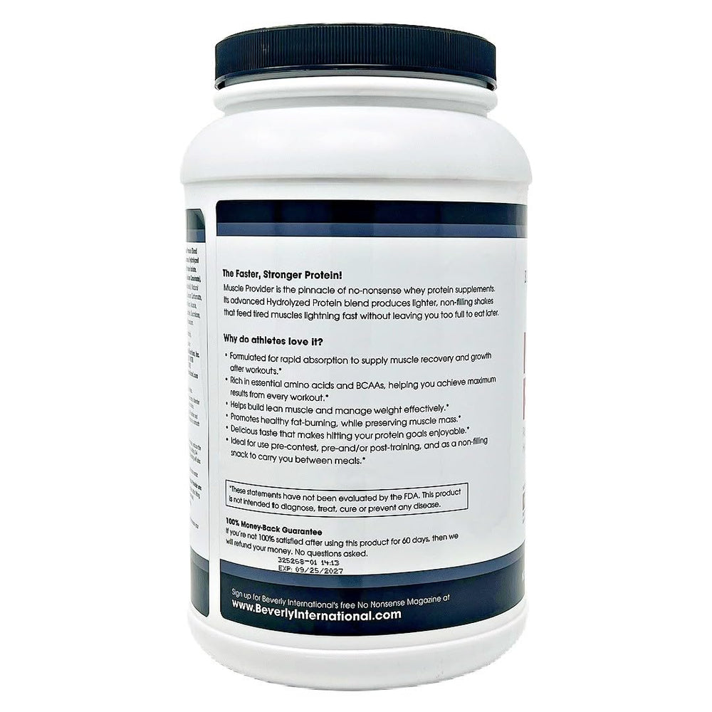 Muscle Provider chocolate scoop showing precise dosing for daily protein.