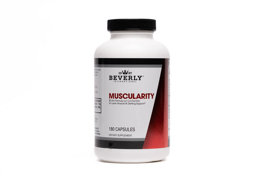 Beverly International Muscularity BCAA bottle showing easy-to-swallow capsules for lean muscle support.