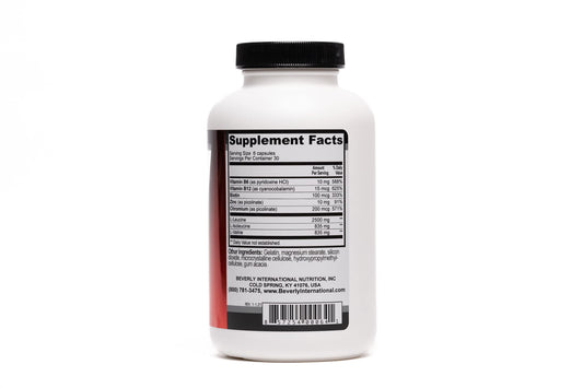 Close-up of Beverly Muscularity capsules highlighting convenient daily dosing for energy metabolism.