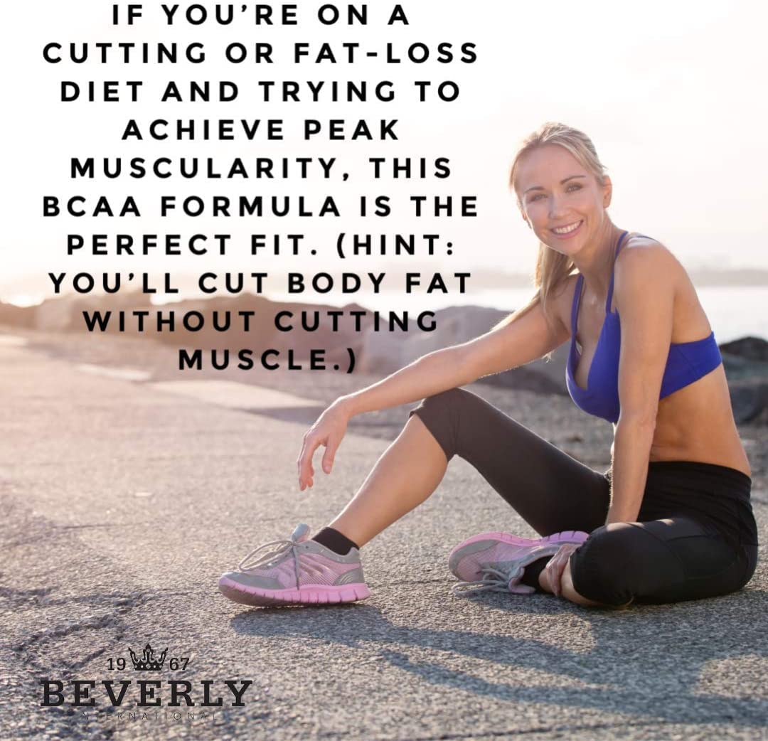 Inset of ingredients and color-coded benefits for Beverly Muscularity BCAA formula.