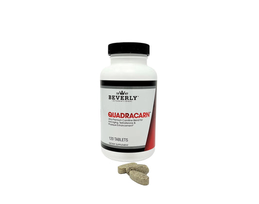 Beverly International Quadracarn 4X-Potency bottle front view showing pills for energy and lean muscle support