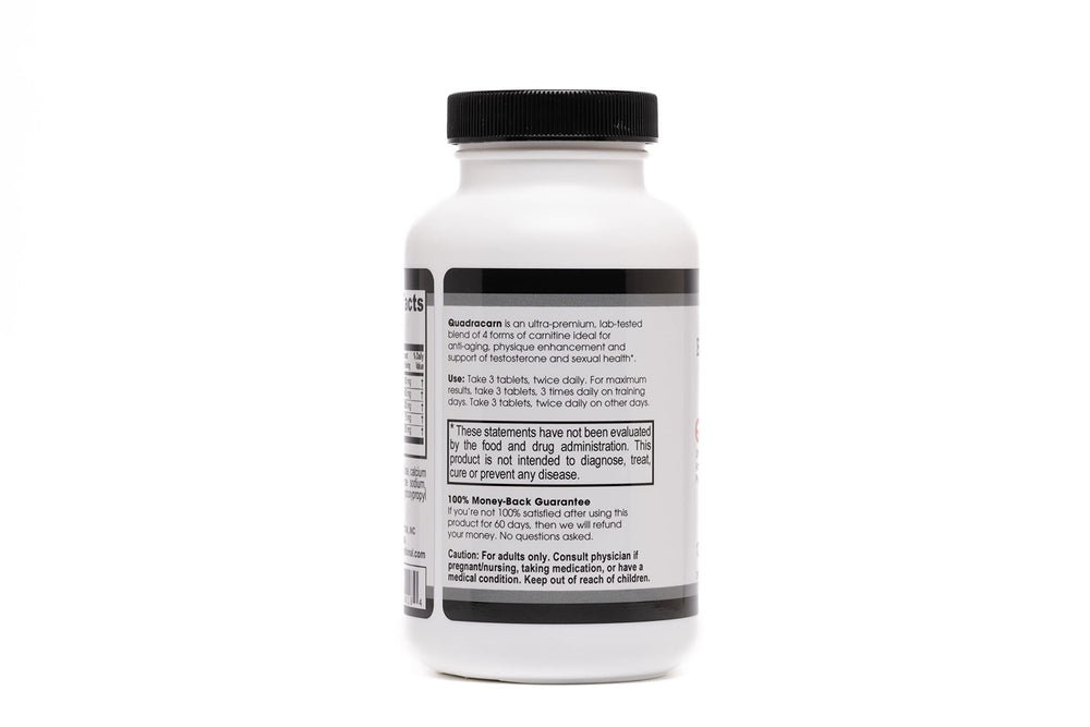 Close-up of Quadracarn tablets illustrating daily energy and mood support