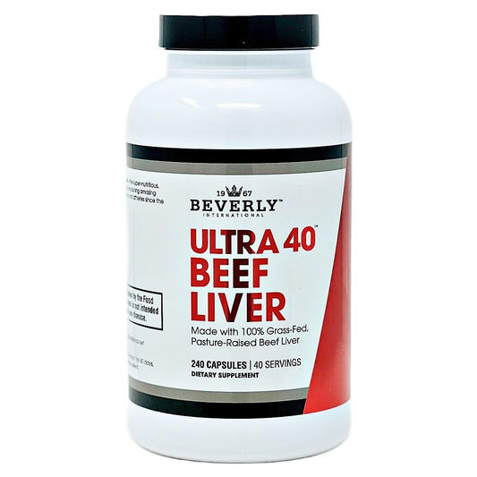 Beverly International Ultra 40 Beef Liver bottle showing premium capsules for energy support.