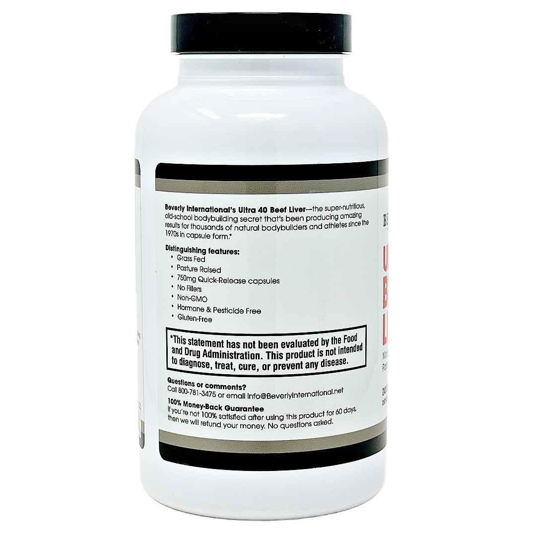 Beverly International Ultra 40 Beef Liver capsules closeup highlighting purity and nutrition.