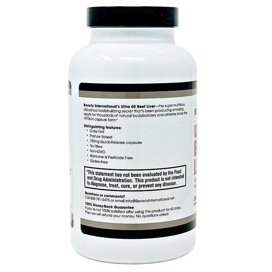 Beverly International Ultra 40 Beef Liver capsules closeup highlighting purity and nutrition.