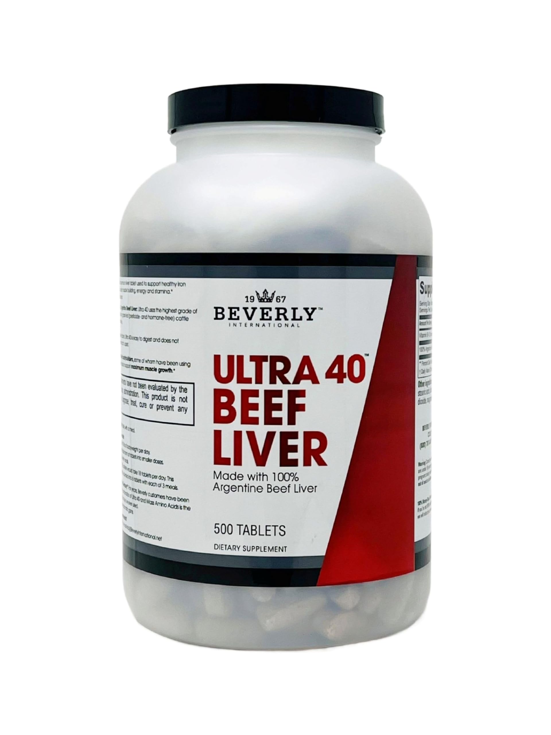 Beverly International Ultra 40 desiccated beef liver bottle with capsules for muscle support.