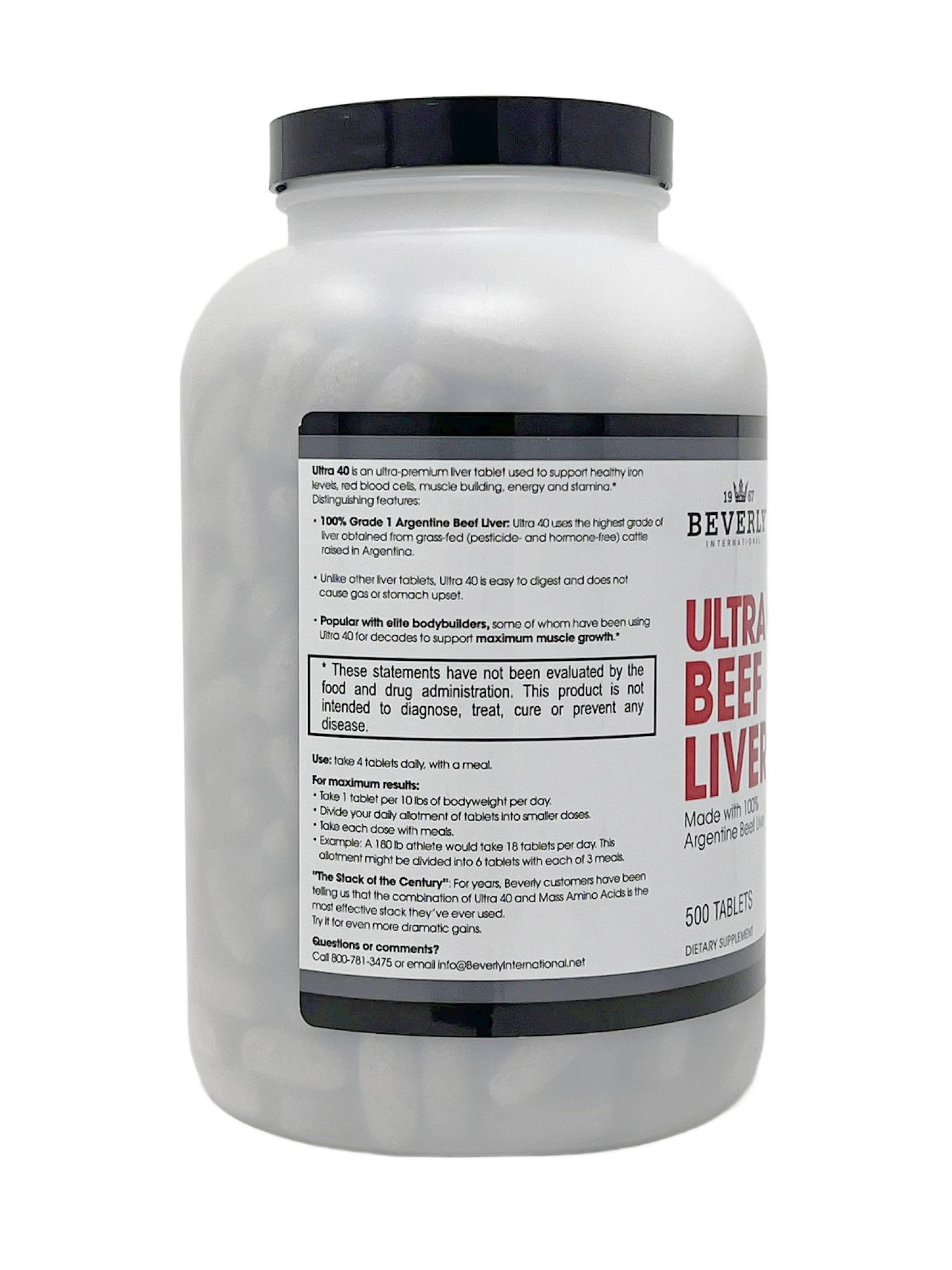 Beverly International Ultra 40 tablet close-up showing compact capsules for steady energy.