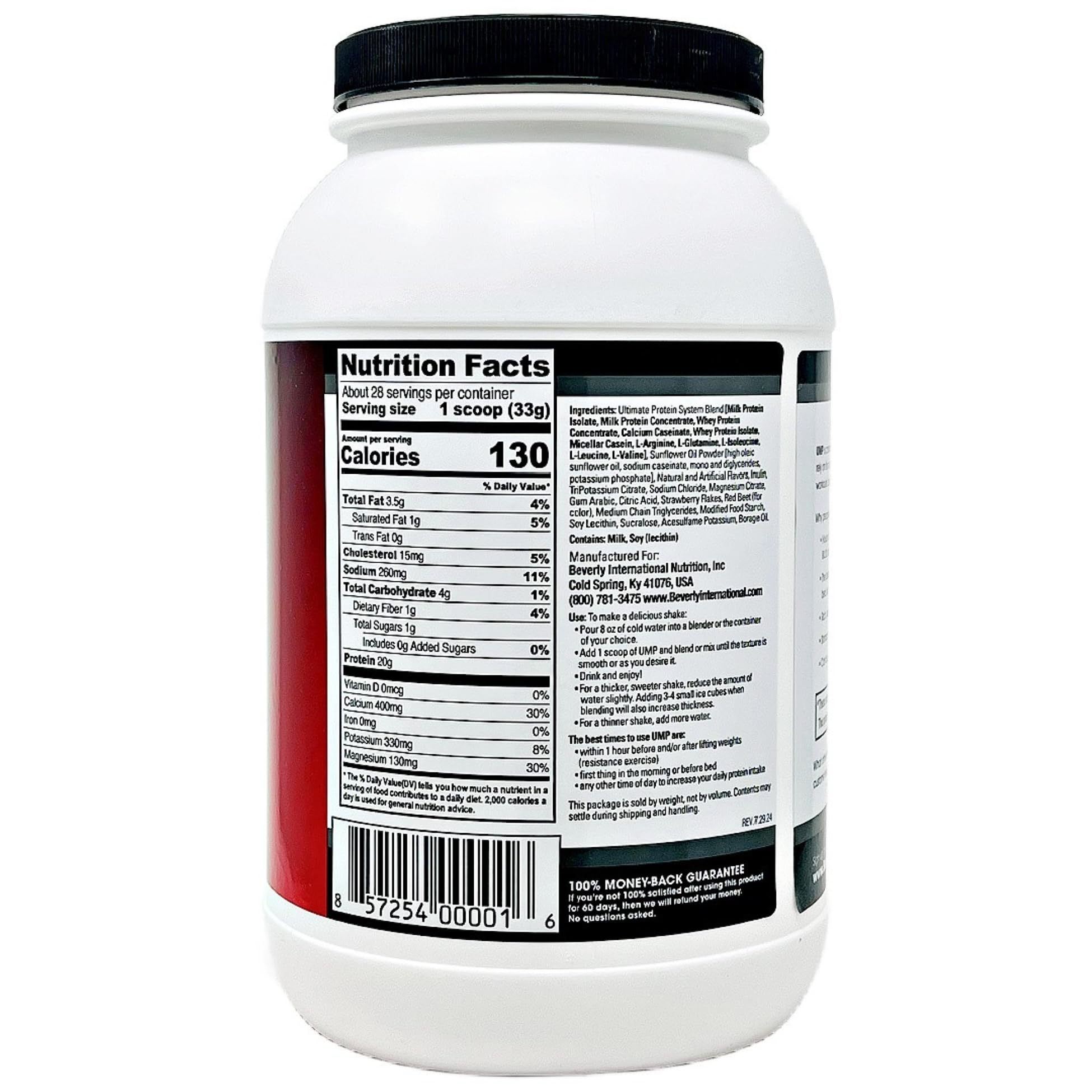 Beverly International UMP 80:20 whey–casein ratio highlights balanced protein release.