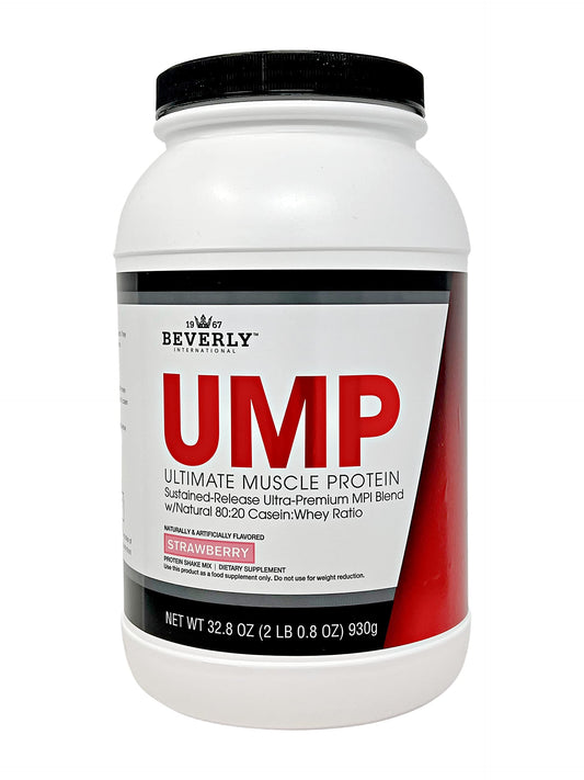 Beverly International UMP Strawberry scoop in shaker for lean muscle support.