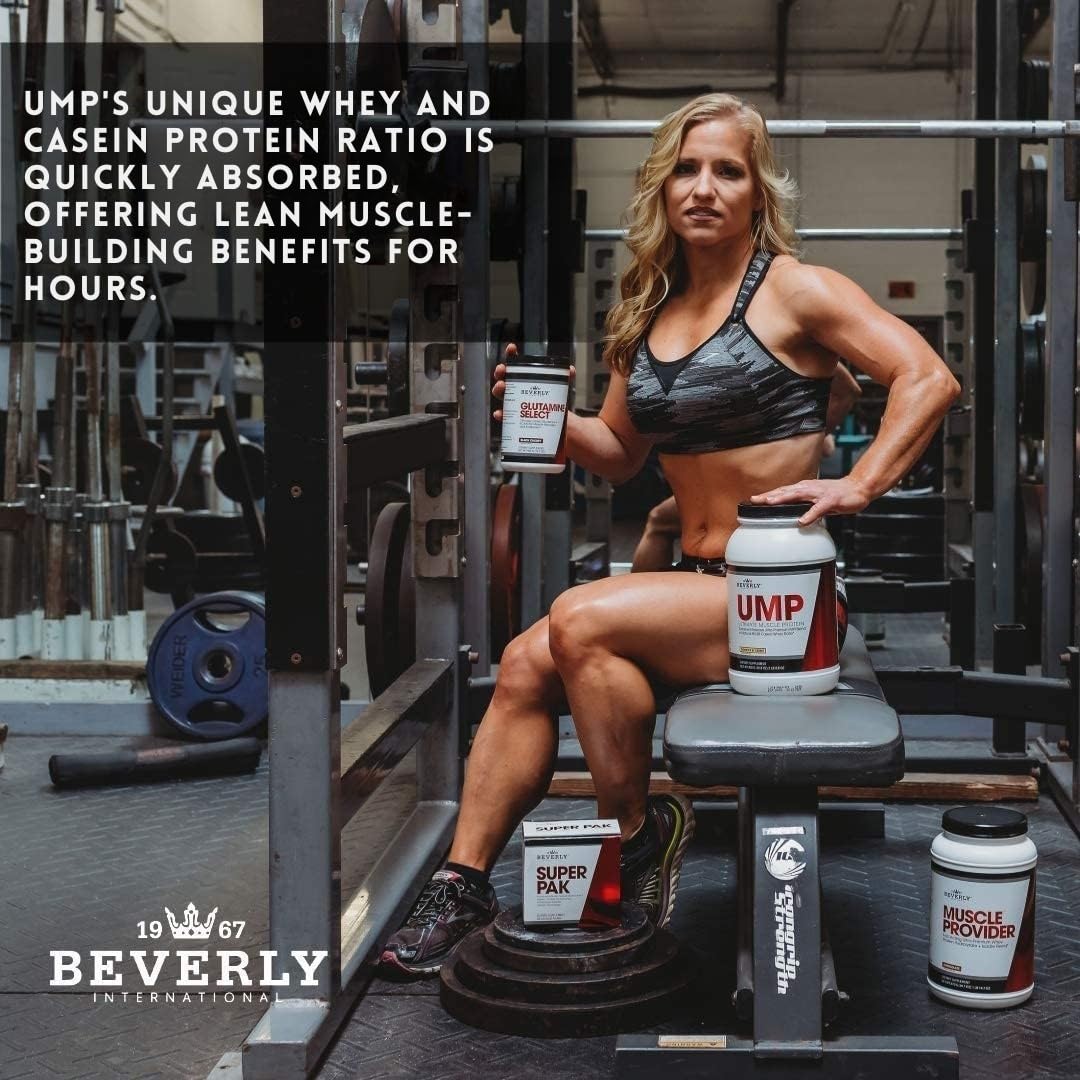 Beverly International UMP Vanilla tub with nutrition facts visible.