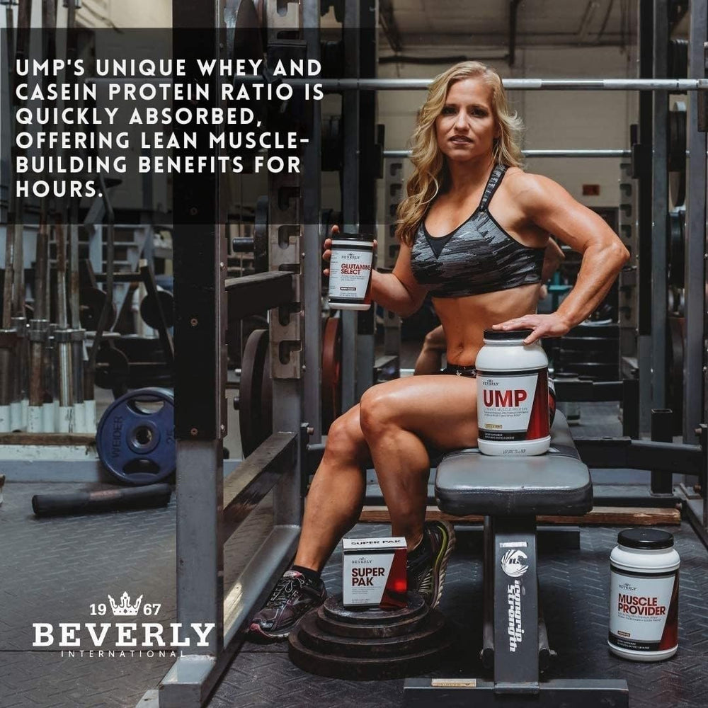 Beverly International UMP Vanilla tub with nutrition facts visible.