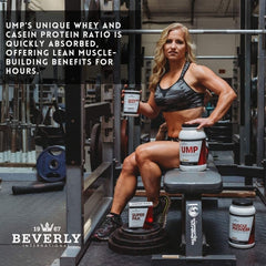 Beverly International UMP Vanilla tub with nutrition facts visible.