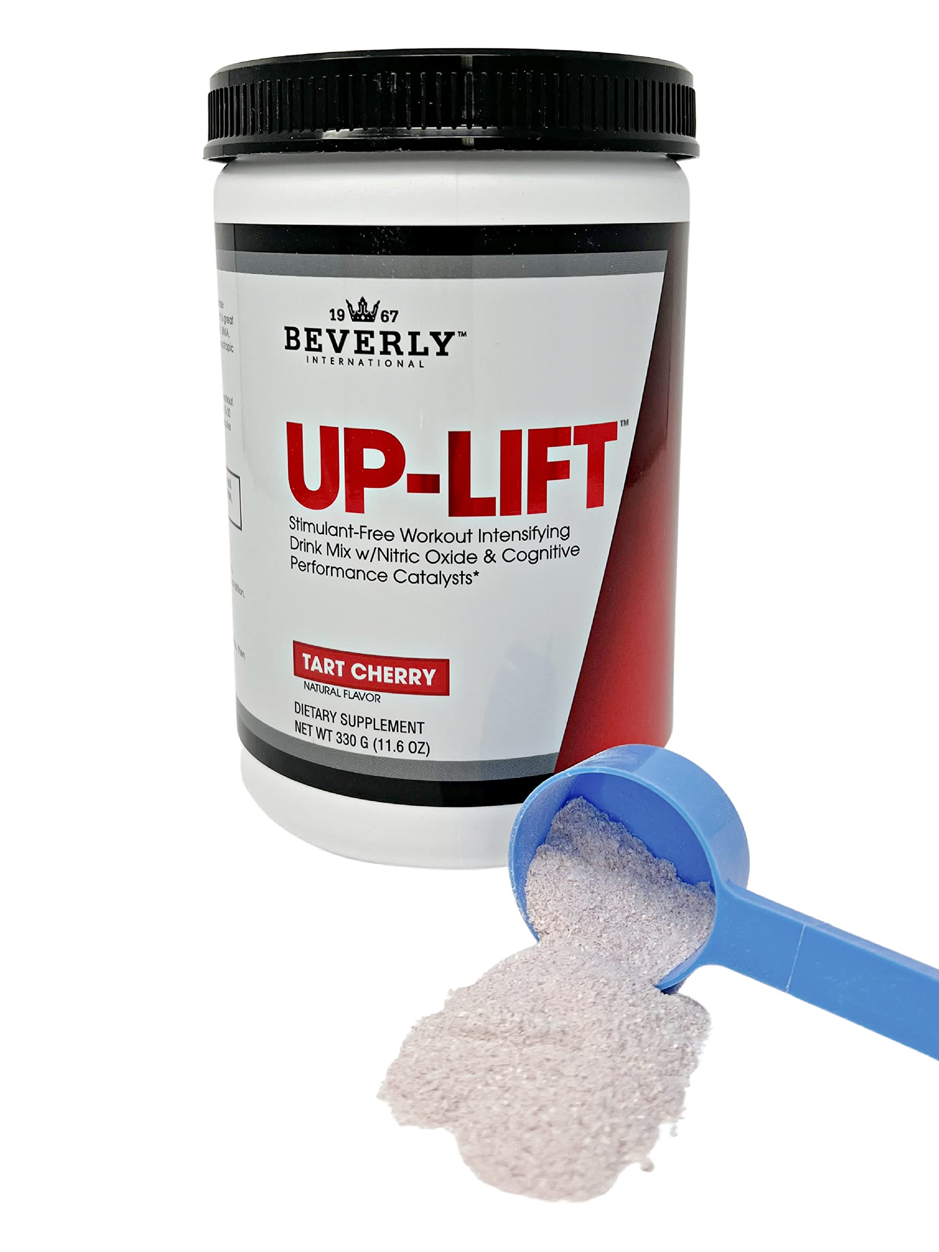Beverly International Up-Lift bottle with caffeine-free energy support for evening workouts.