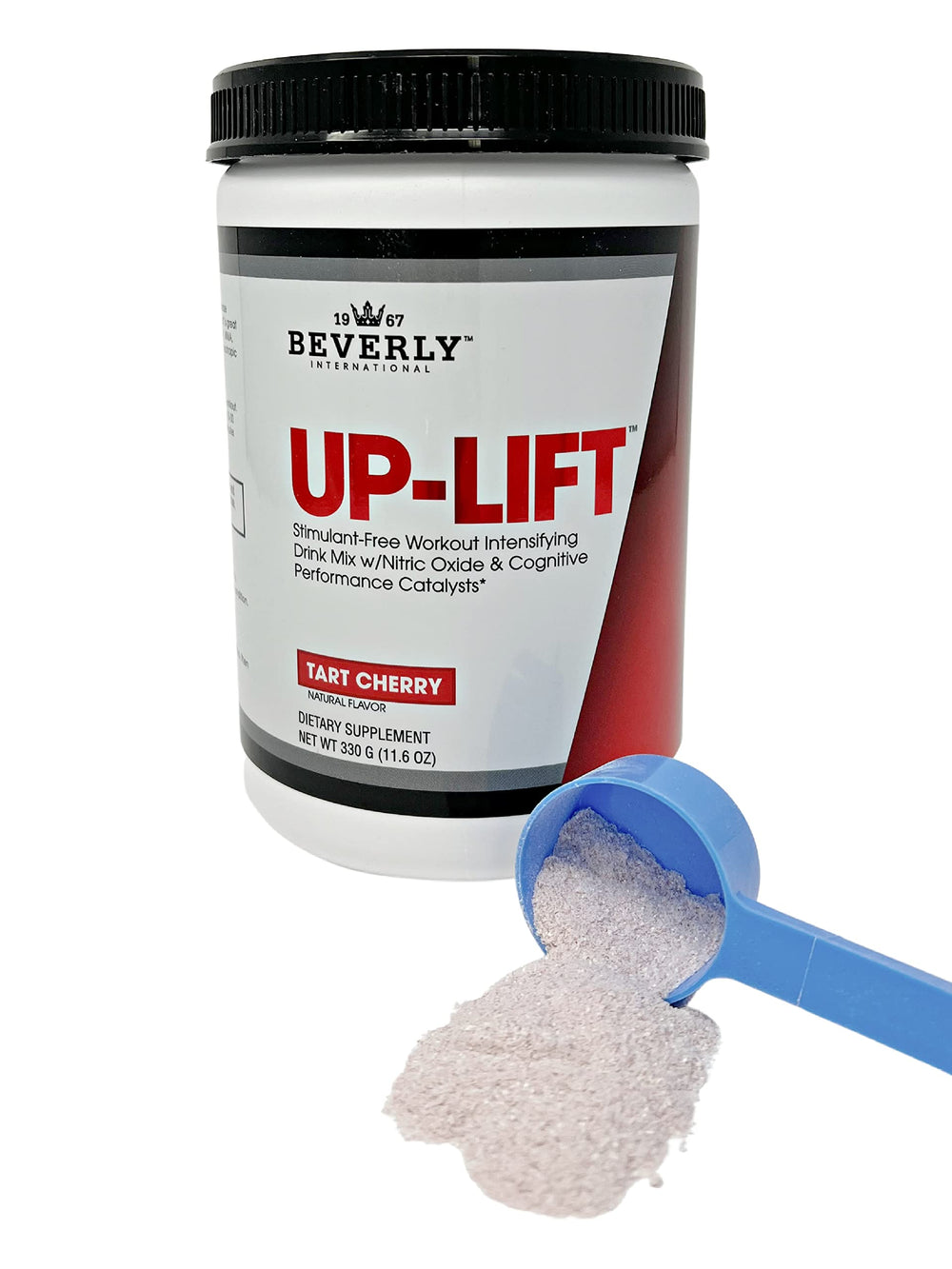 Beverly International Up-Lift bottle with caffeine-free energy support for evening workouts.