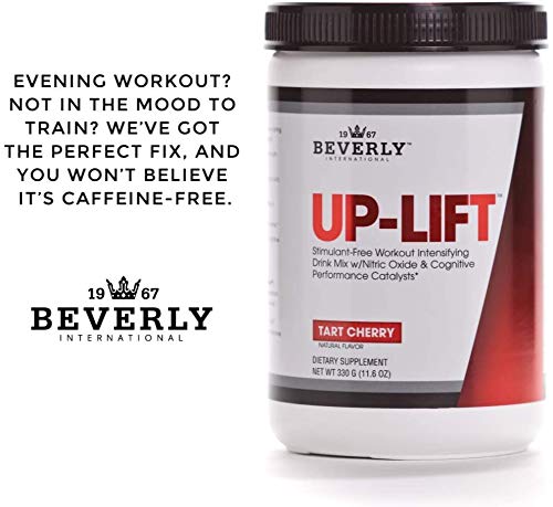 Gym bench with Up-Lift bottle and weights suggesting endurance boost.