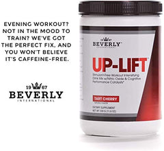 Gym bench with Up-Lift bottle and weights suggesting endurance boost.