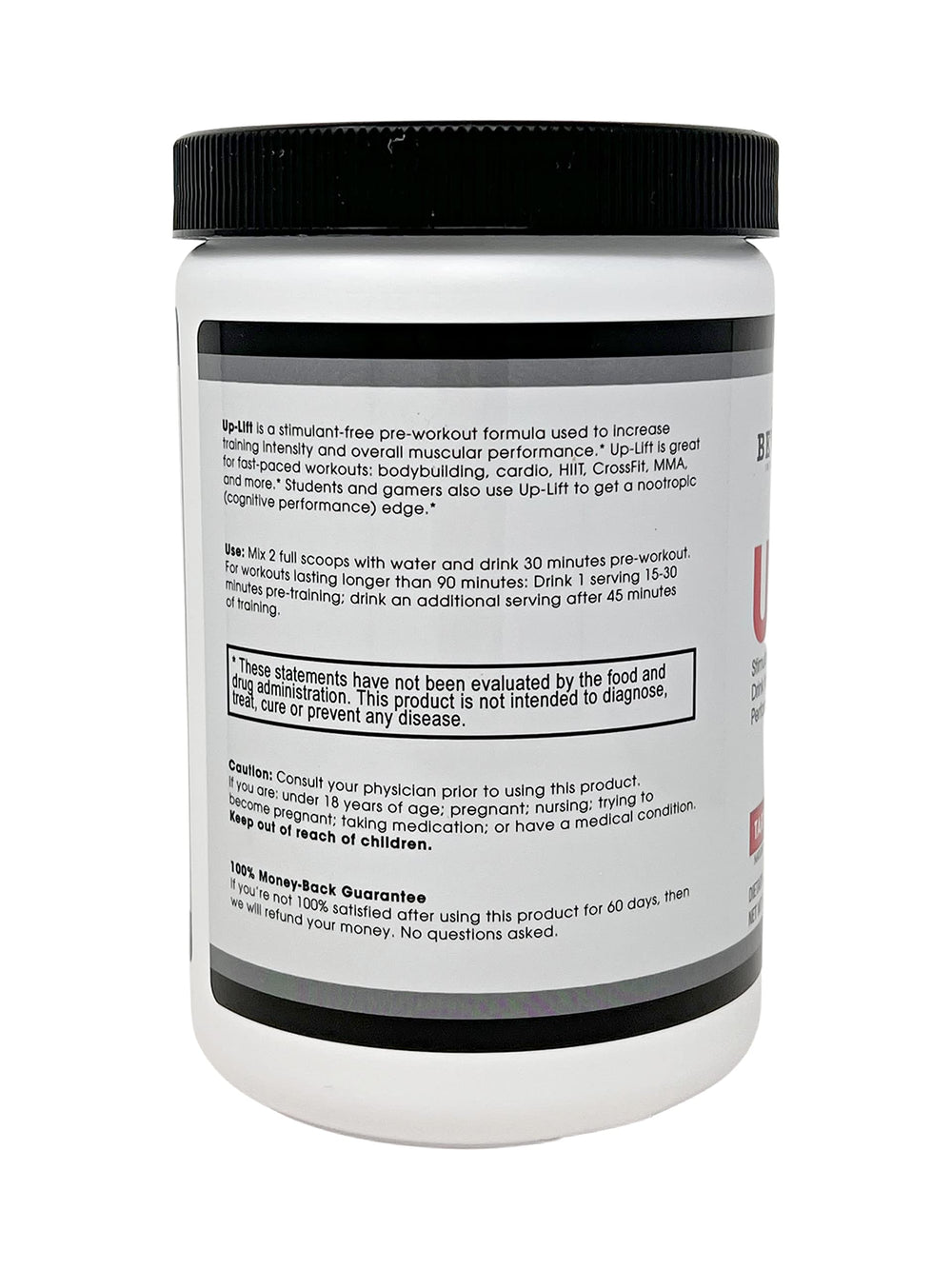 Up-Lift powder jar with scoop ready to mix for cardio-friendly training.
