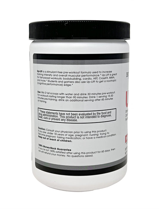Up-Lift powder jar with scoop ready to mix for cardio-friendly training.