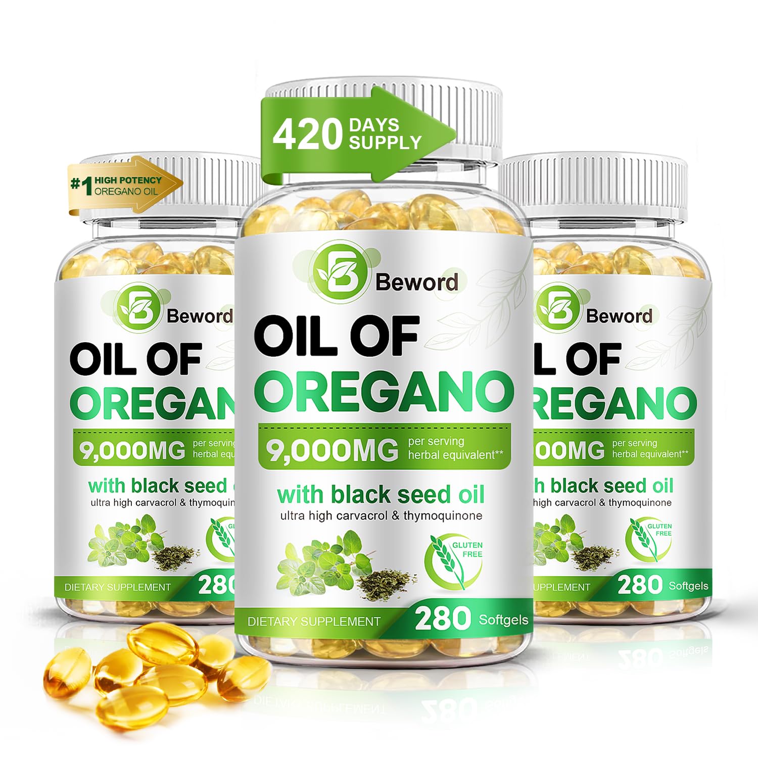 BEWORD oregano oil softgels bottle front showing brand and label for daily immune support
