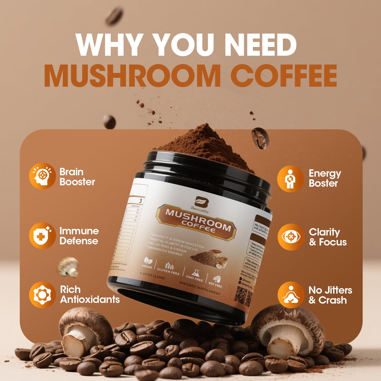 Bag of B BEWORTHS 10-in-1 mushroom powder with Chaga for gut-friendly support