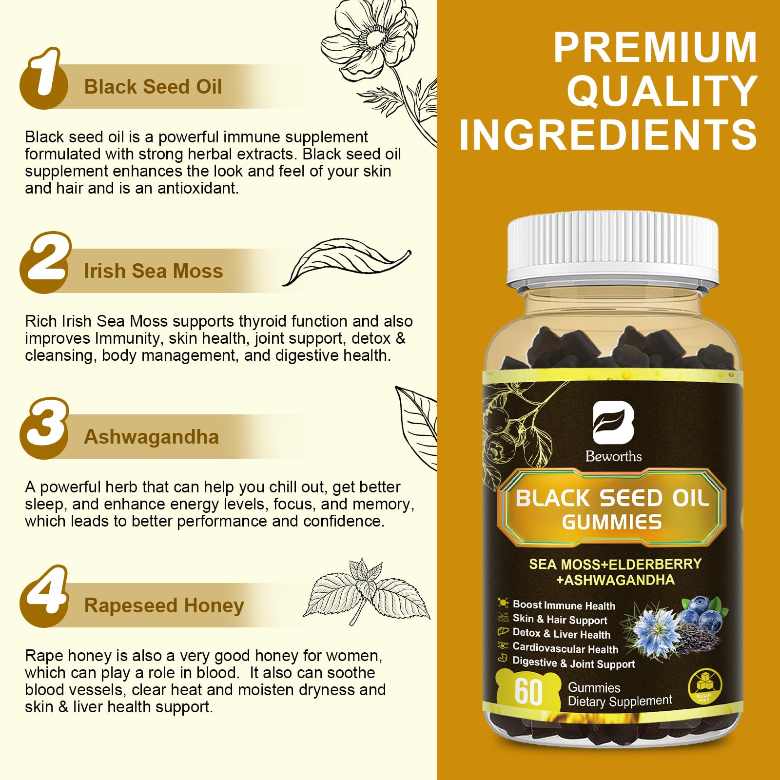 Beworths Black Seed Oil Sea Moss Gummies bottle top view for easy daily dosage.