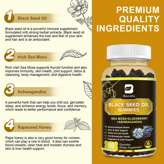 Beworths Black Seed Oil Sea Moss Gummies bottle top view for easy daily dosage.