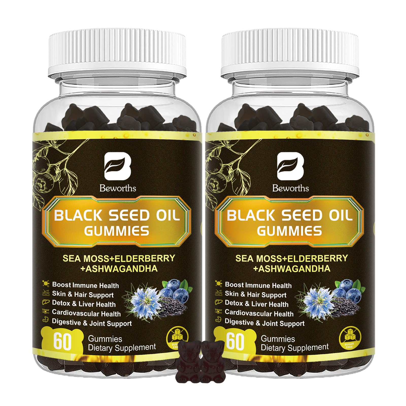 Beworths Black Seed Oil Sea Moss Gummies pack label shows vegan immune-support formula.