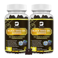 Beworths Black Seed Oil Sea Moss Gummies pack label shows vegan immune-support formula.