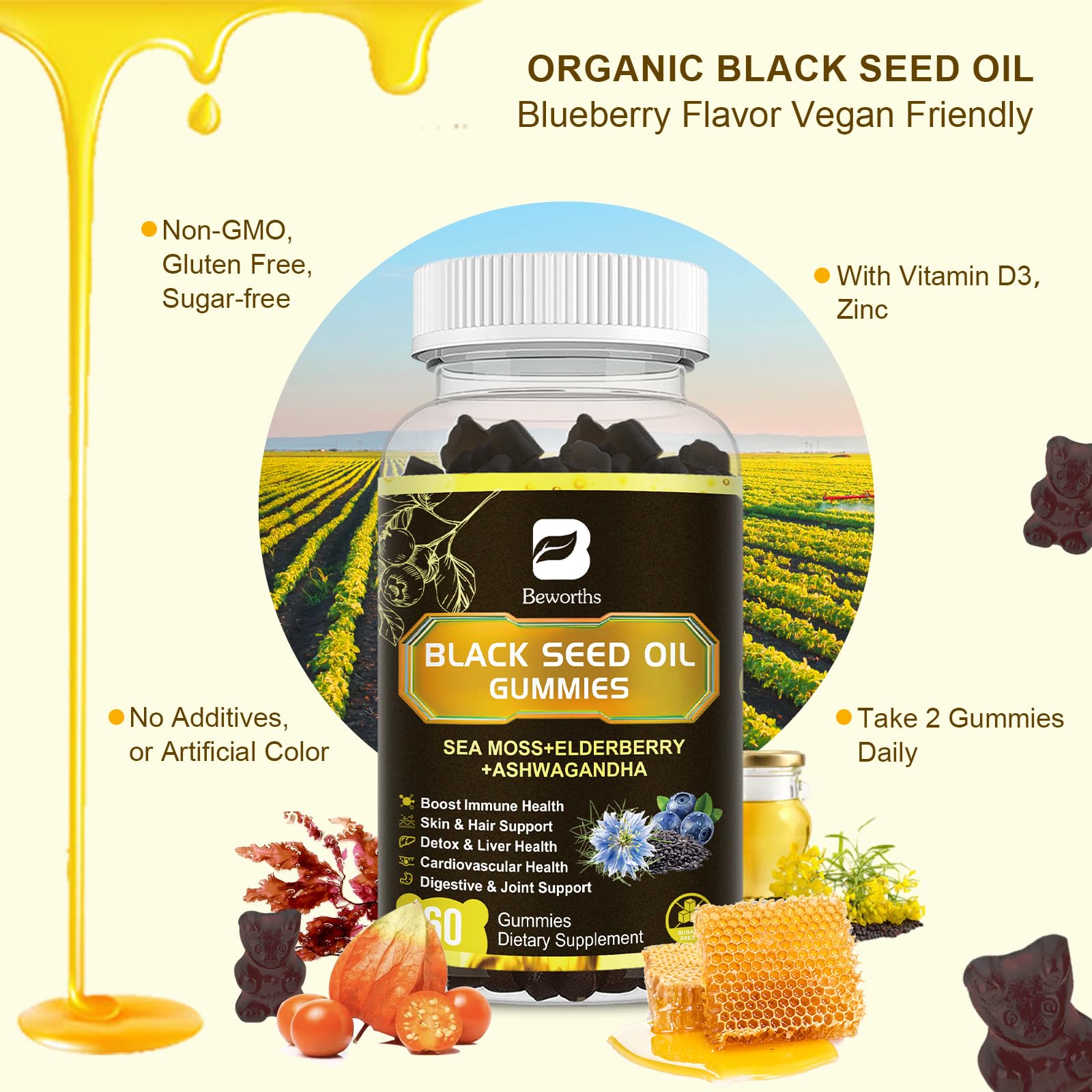 Beworths Gummies ingredients list showcasing 12 powerful components.
