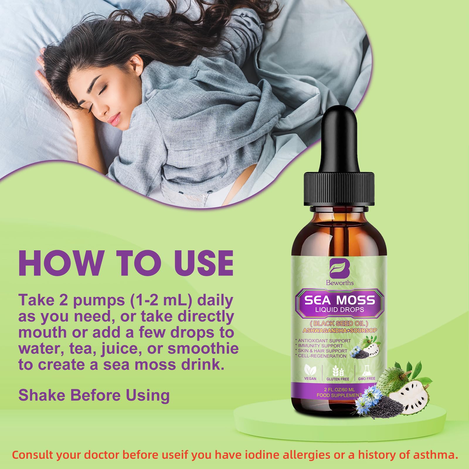 B BEWORTHS Sea Moss Drops ingredients chart hints vegan, non-GMO formulation.
