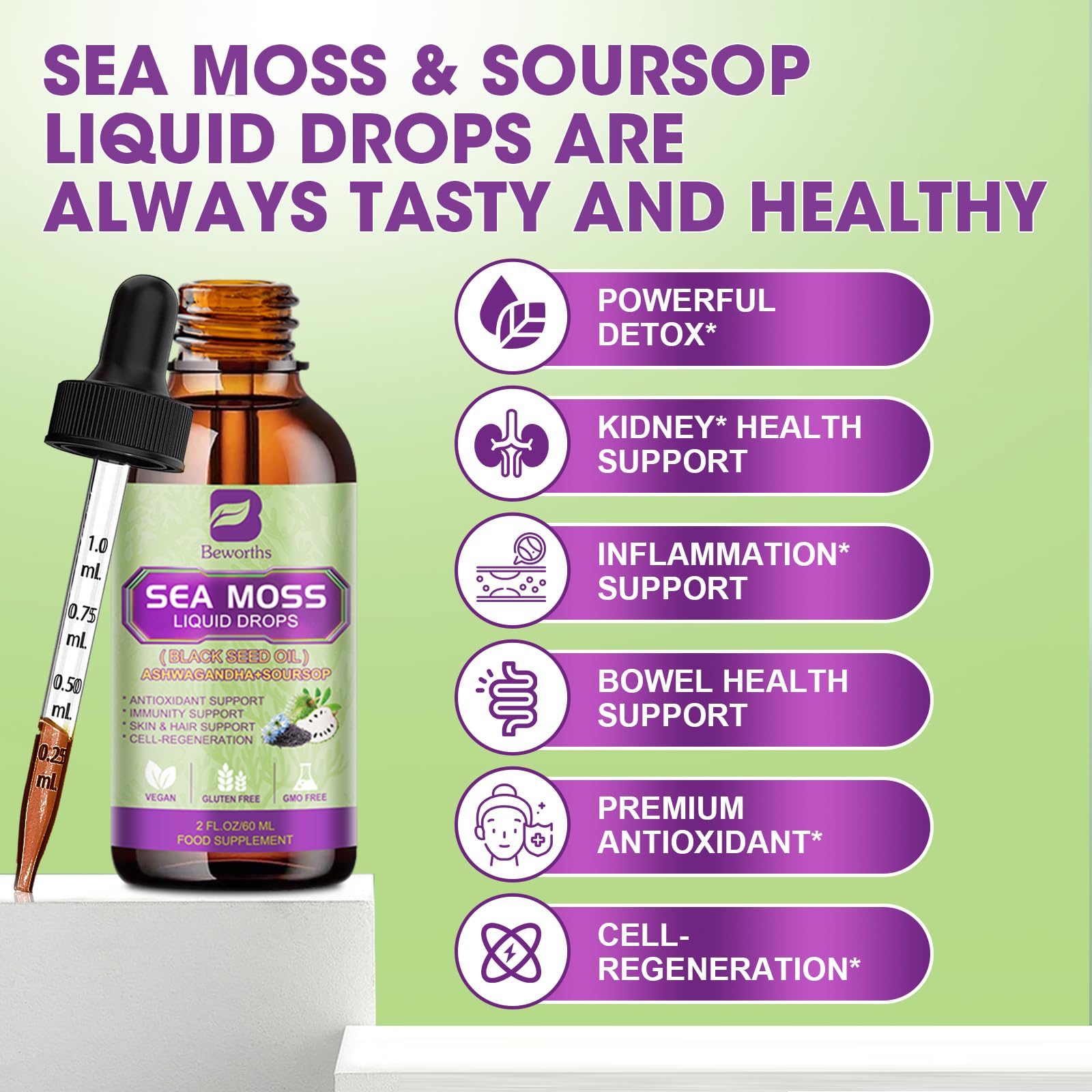 B BEWORTHS Sea Moss Drops label close-up highlights the nutrient-rich blend.