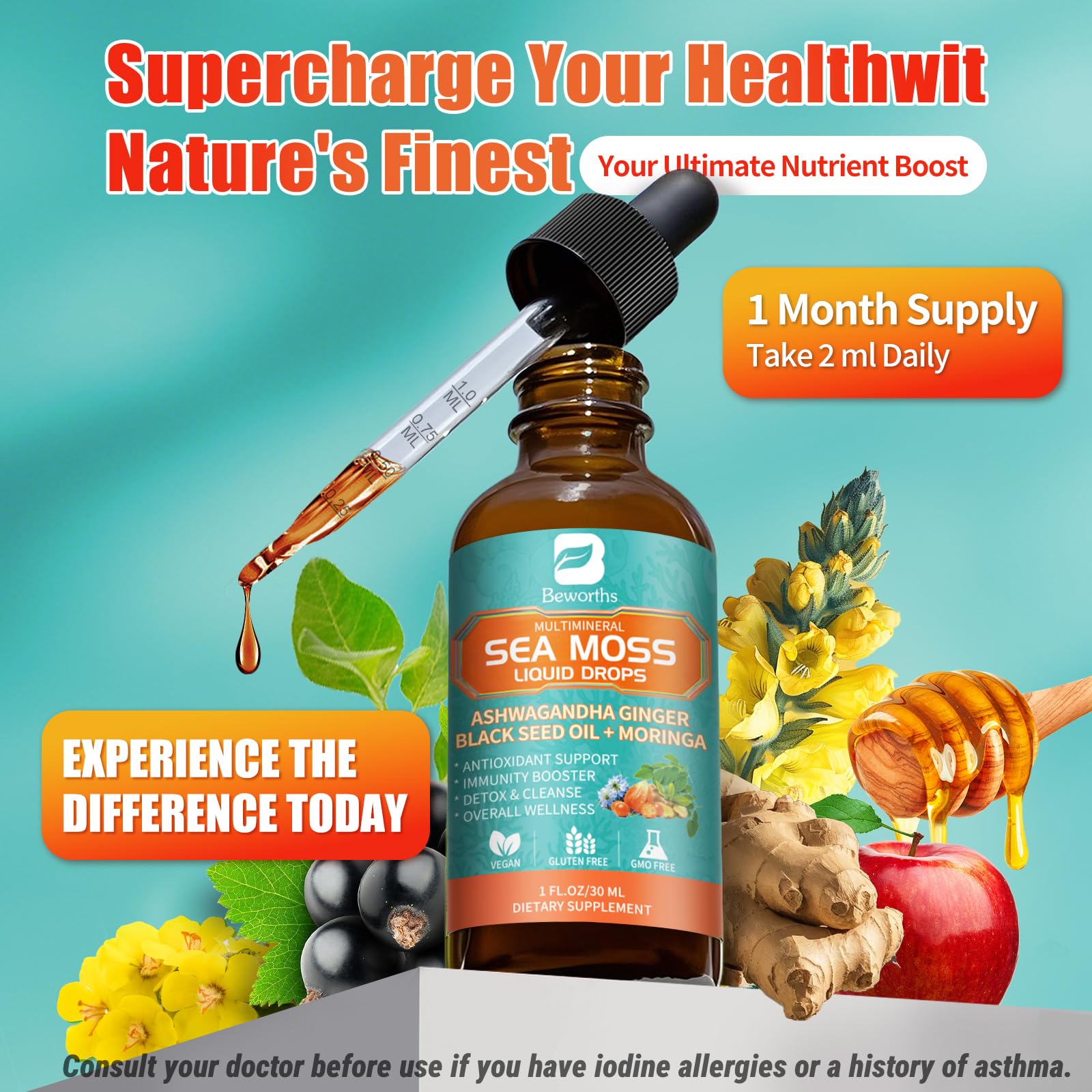 B BEWORTHS Sea Moss Drops beside lemons for a vitamin-rich routine