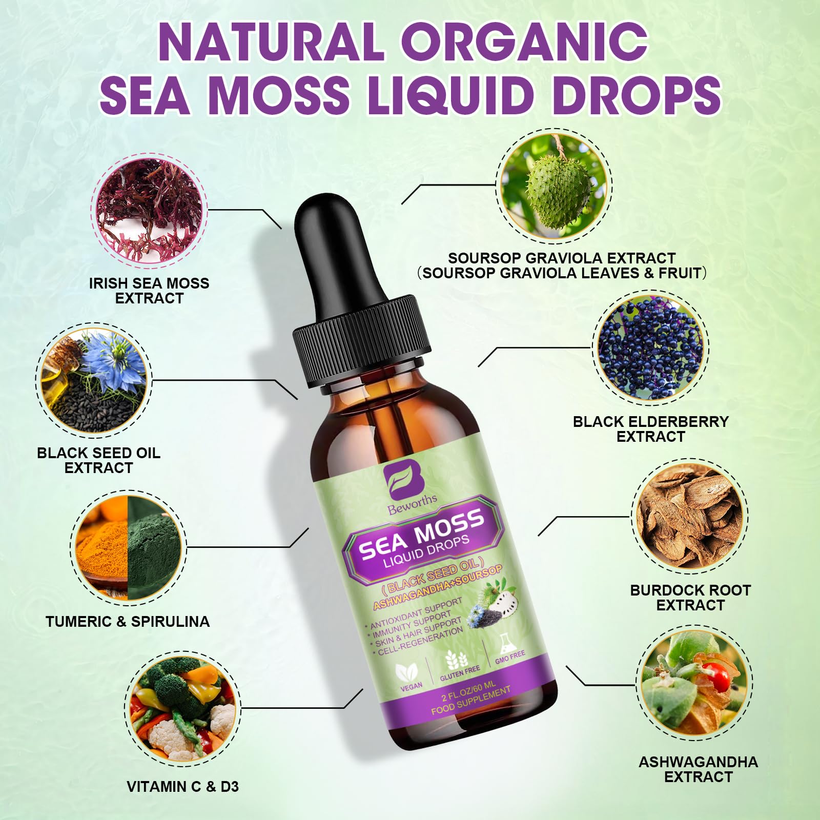 B BEWORTHS Sea Moss Drops pour demonstrates easy dosing for smoothies and water.