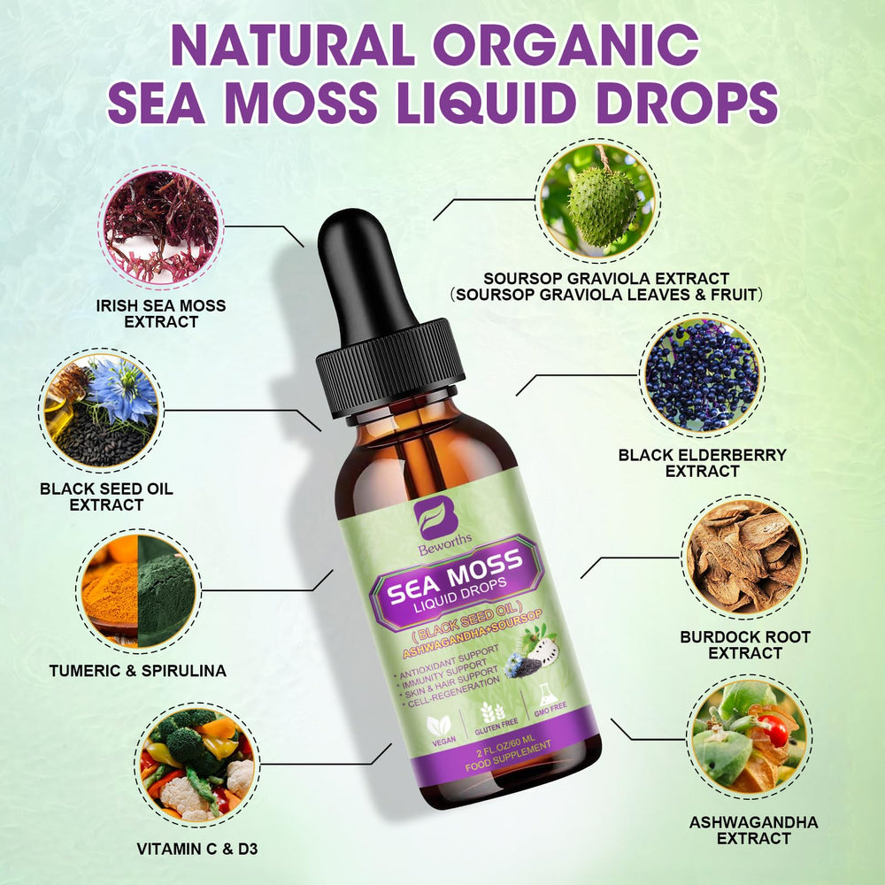 B BEWORTHS Sea Moss Drops pour demonstrates easy dosing for smoothies and water.