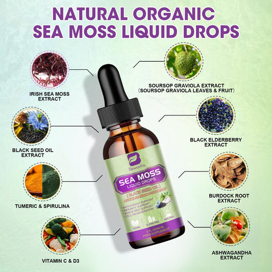 B BEWORTHS Sea Moss Drops pour demonstrates easy dosing for smoothies and water.
