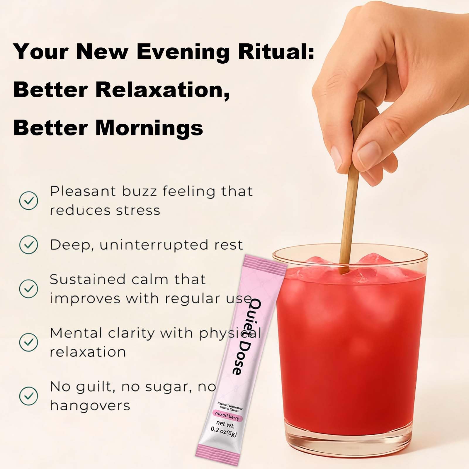 Bexelora Quiet Dose bottle highlights ashwagandha, L-Theanine, saffron for mood balance.