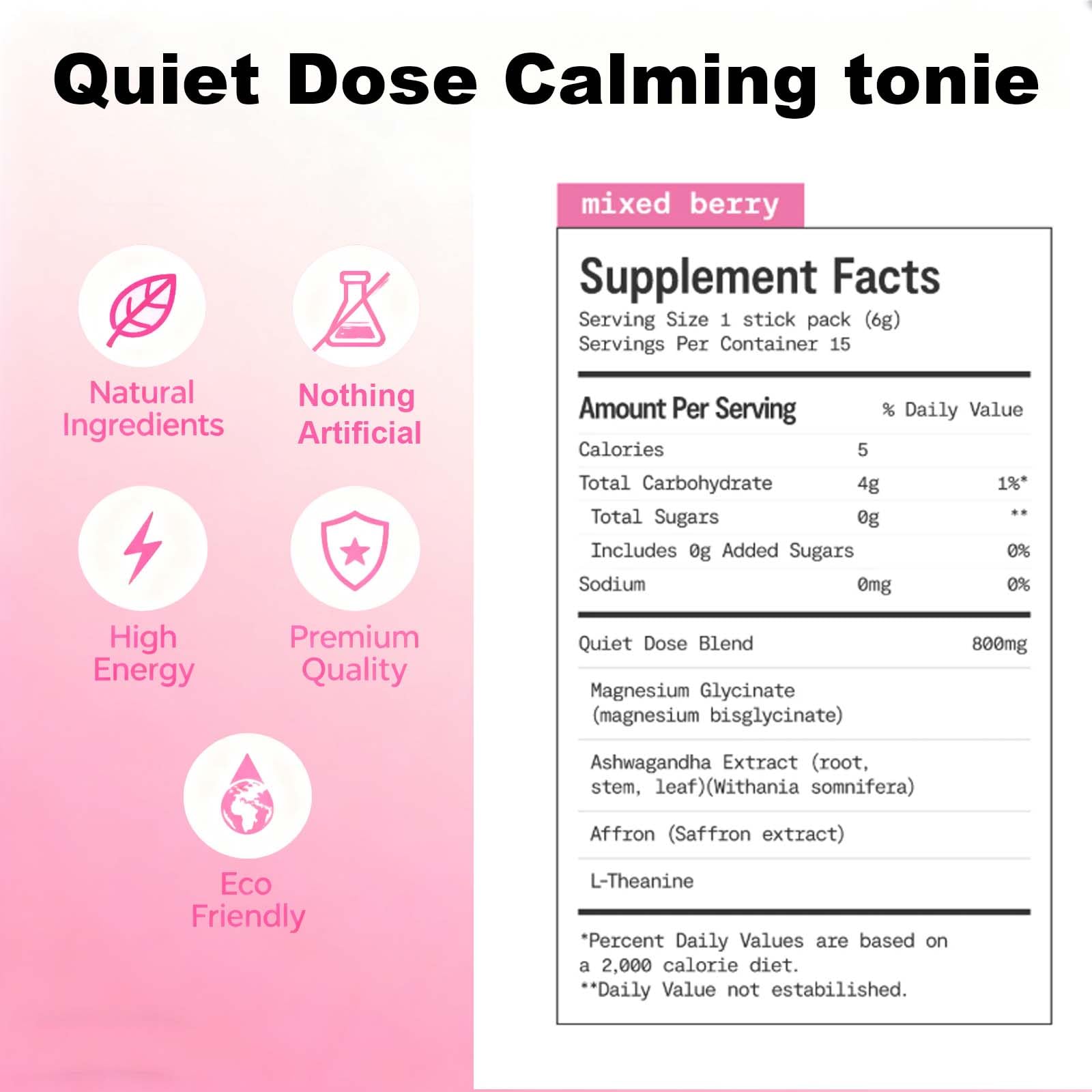 Bexelora Quiet Dose berry-flavored powder dissolving in water for a soothing, caffeine-free calm.