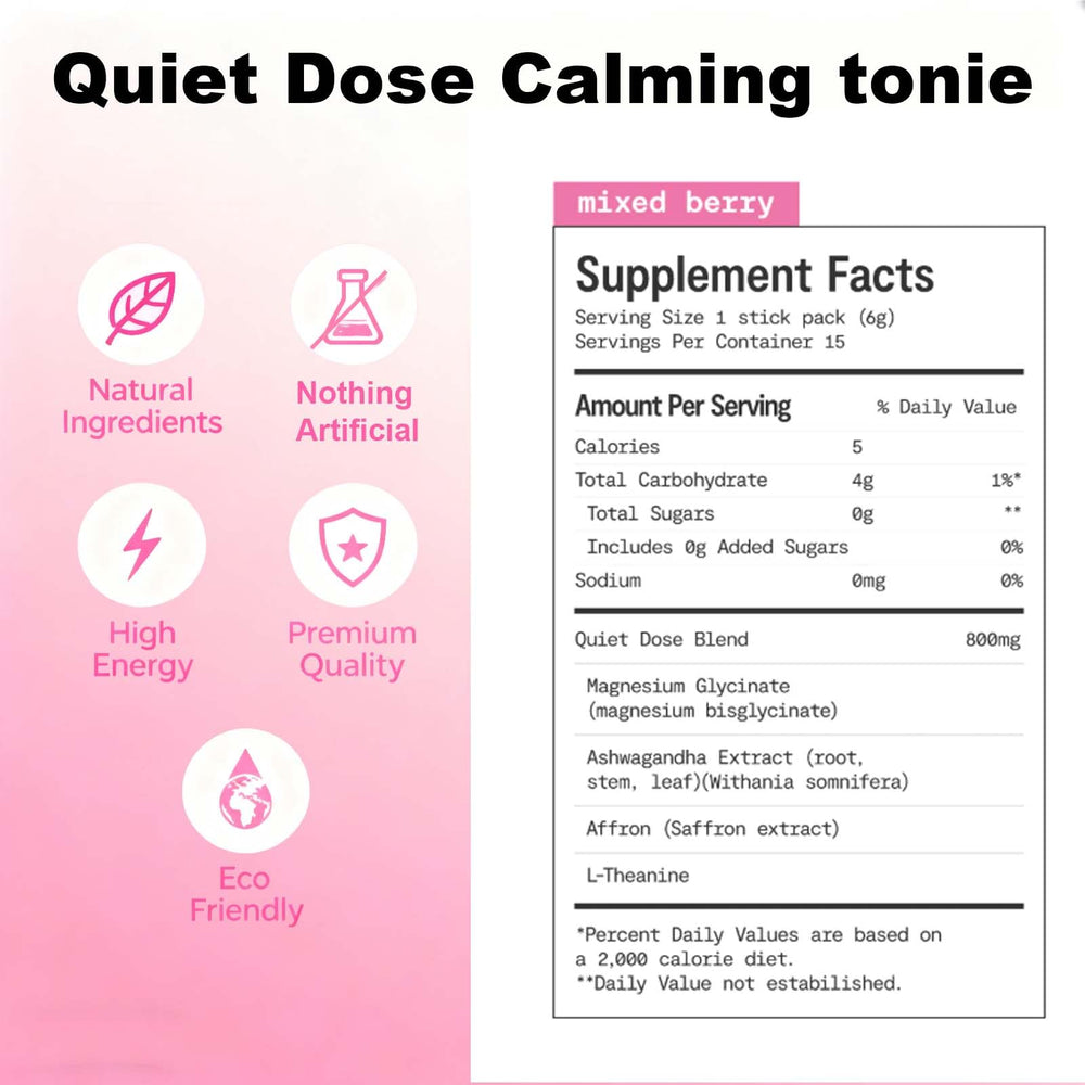 Bexelora Quiet Dose berry-flavored powder dissolving in water for a soothing, caffeine-free calm.