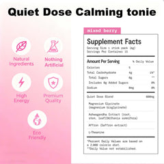 Bexelora Quiet Dose berry-flavored powder dissolving in water for a soothing, caffeine-free calm.