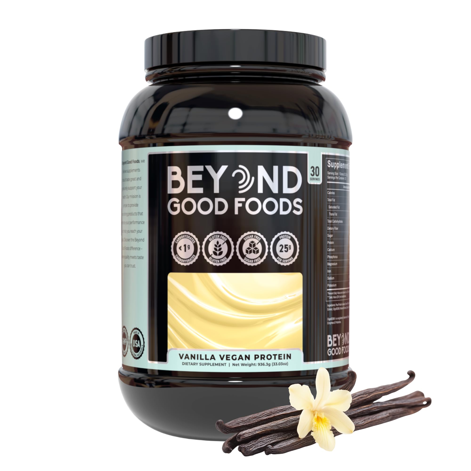 Beyond Good Foods vegan protein powder bag front showing low carb, sugar-free nutrition