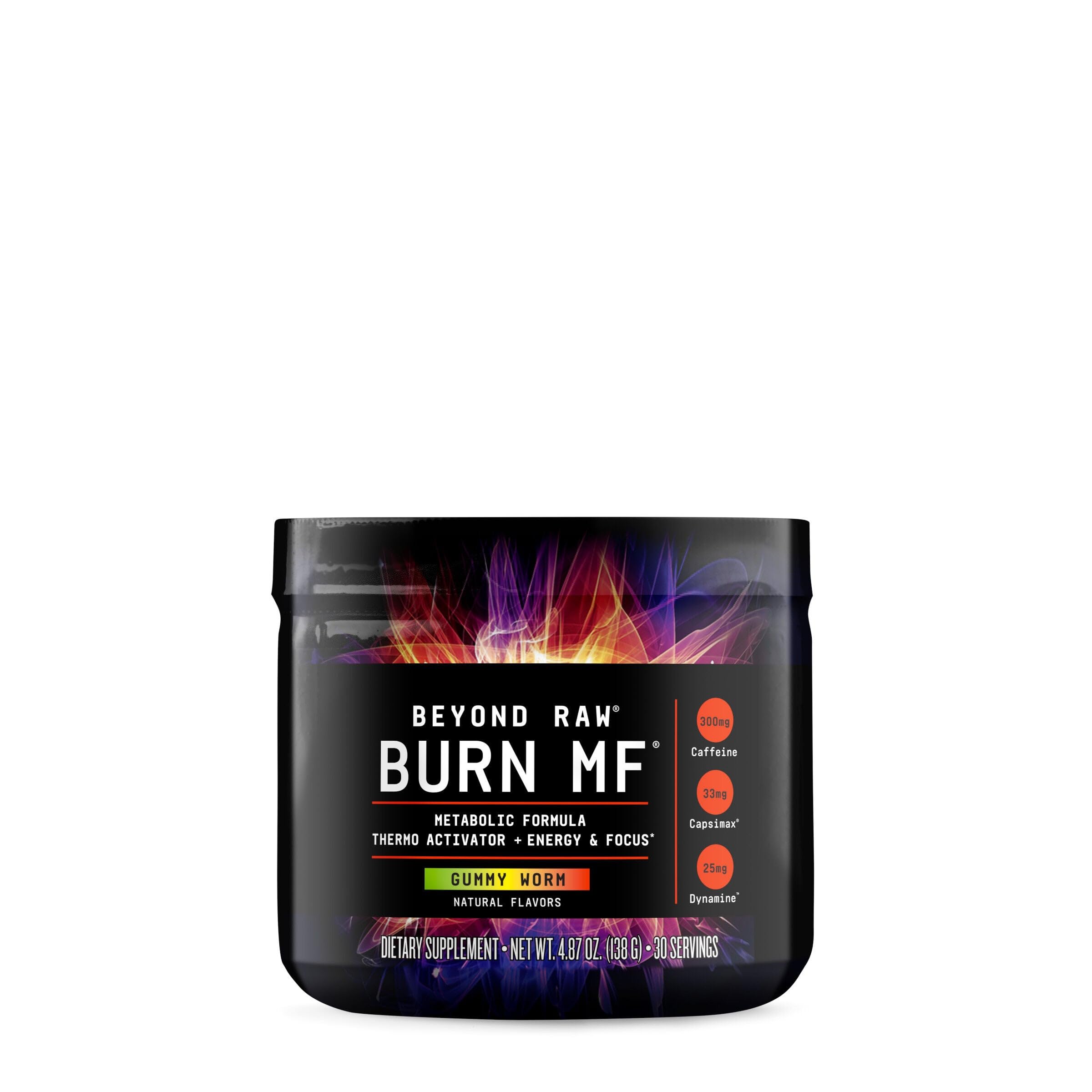 Beyond Raw Burn MF bottle front label showcasing the metabolic formula and energy focus emphasis