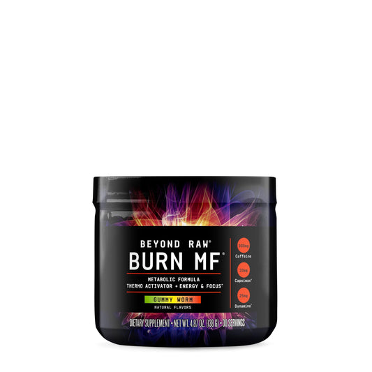 Beyond Raw Burn MF bottle front label showcasing the metabolic formula and energy focus emphasis