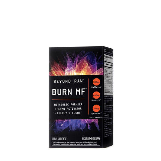 BEYOND RAW Burn MF bottle with label highlights energy-boosting formula.